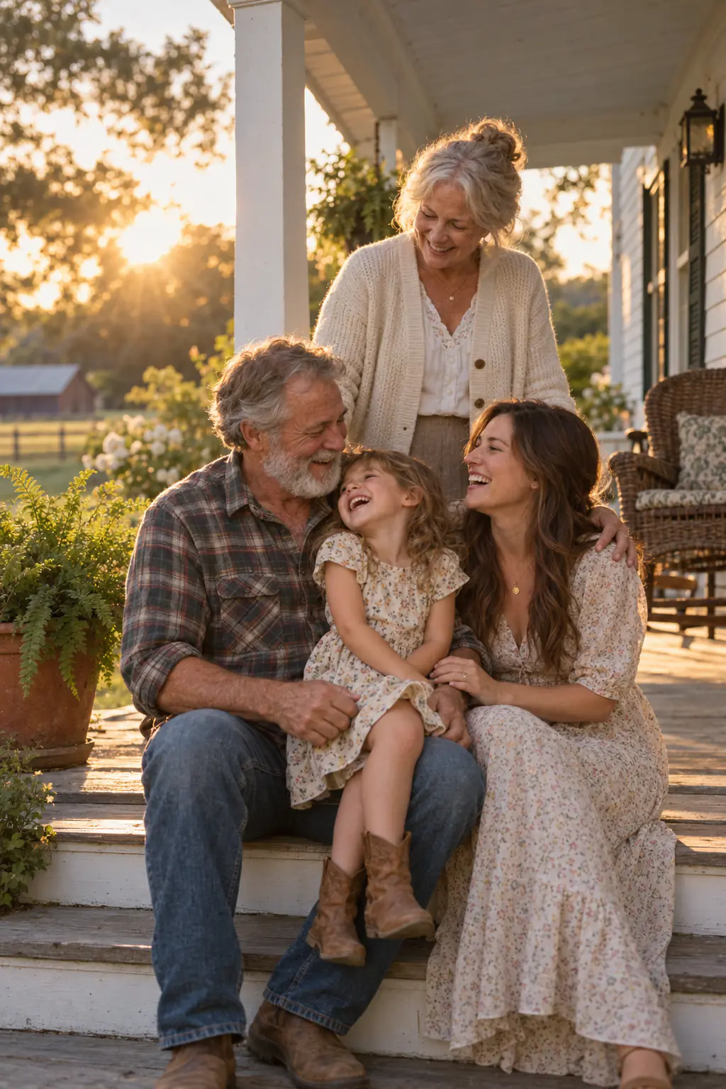 Grandparents, their daughter and a young granddaughter laughing together on a farmhouse porch at sunset