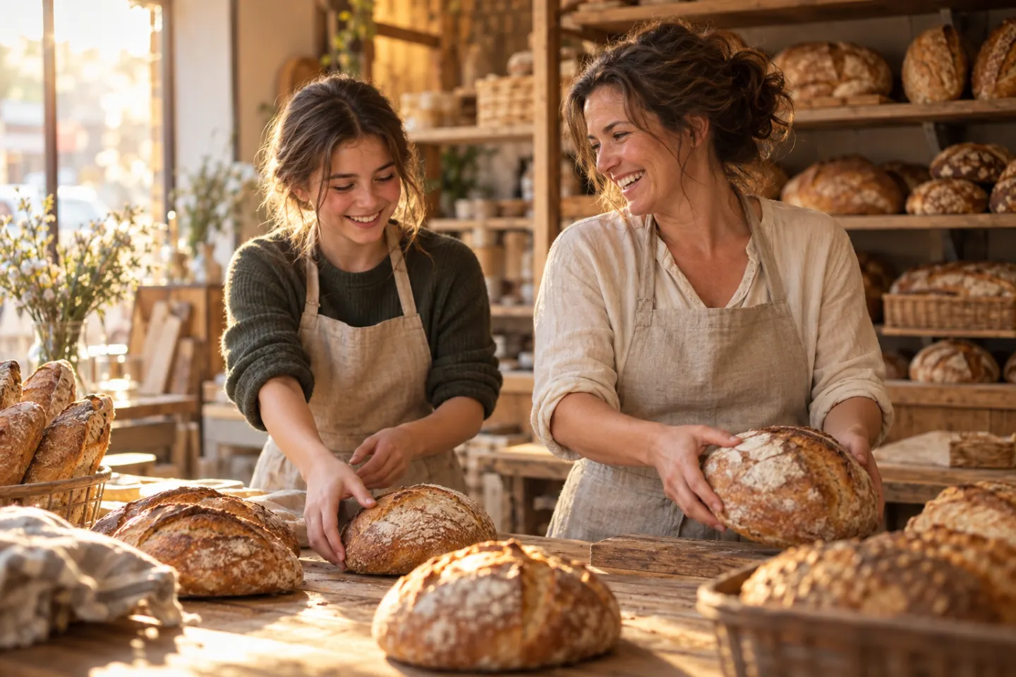 A bakery owner and her teenage daughter smiling as they arrange fresh loaves on the counter of her shop