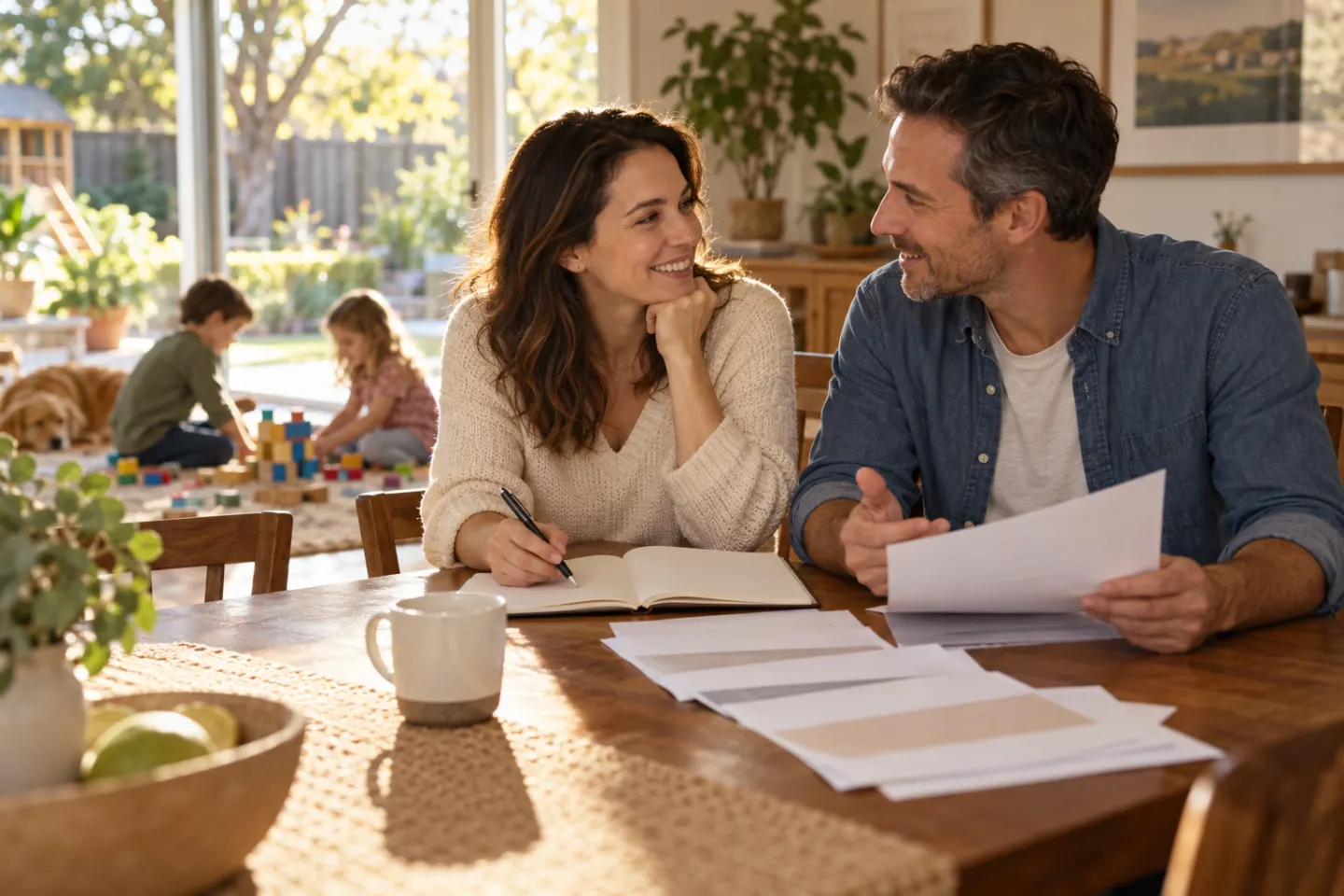 A couple talking through plans at the dining table with a notebook and papers while their kids play nearby