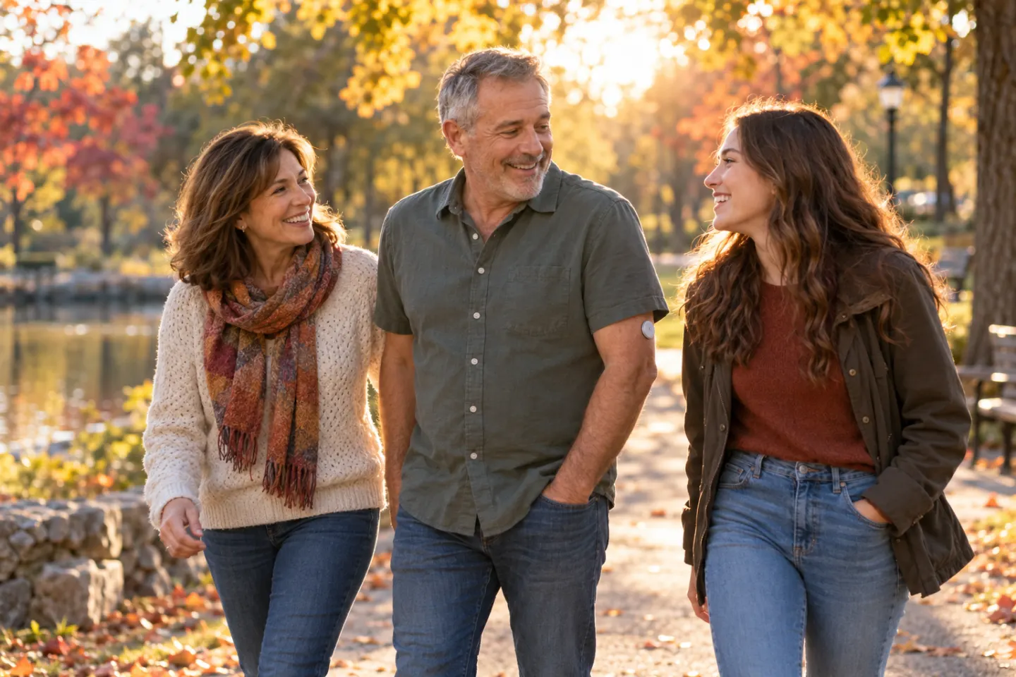 A man wearing a glucose sensor on his arm walking through an autumn park with his wife and adult daughter
