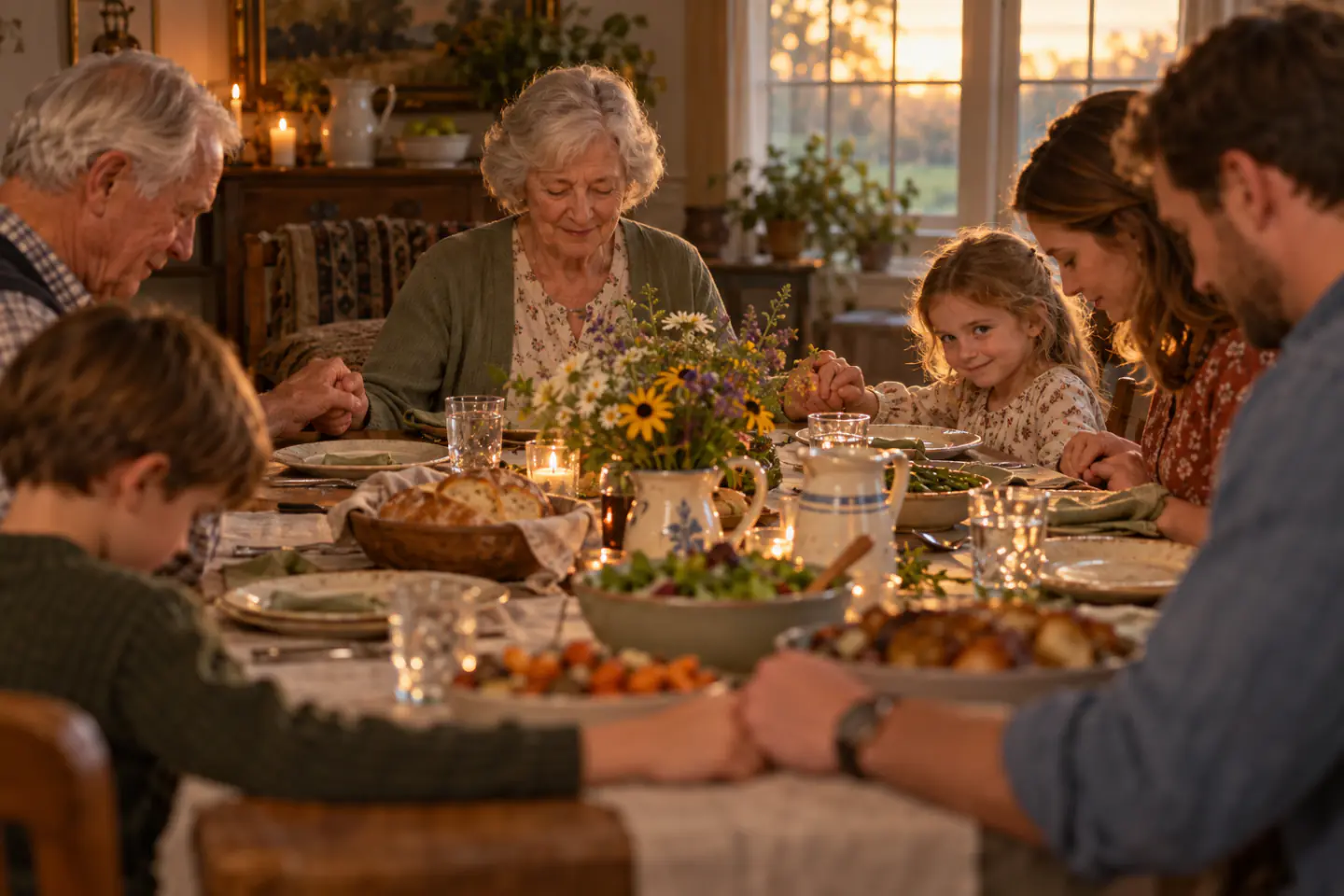Three generations of a family holding hands around the dinner table, saying grace
