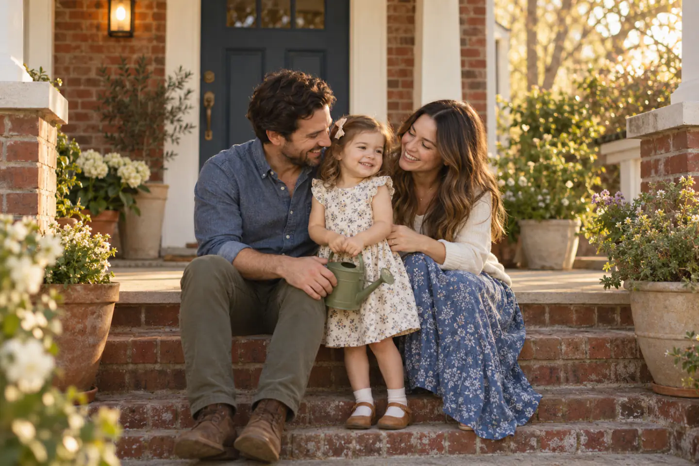 A young couple and their toddler daughter sitting together on the brick front steps of their home