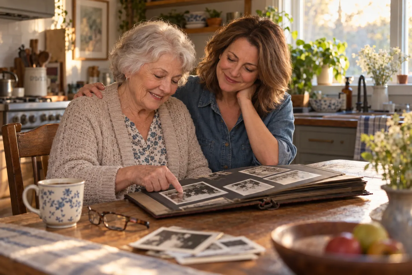 An older woman and her adult daughter smiling over a family photo album at the kitchen table