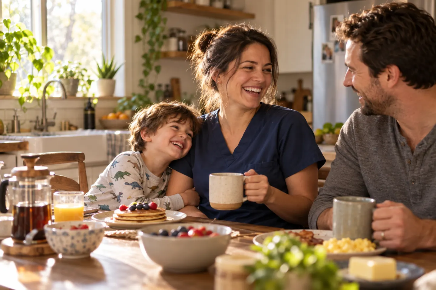 A nurse in navy scrubs laughing over breakfast with her young son and husband at the kitchen table
