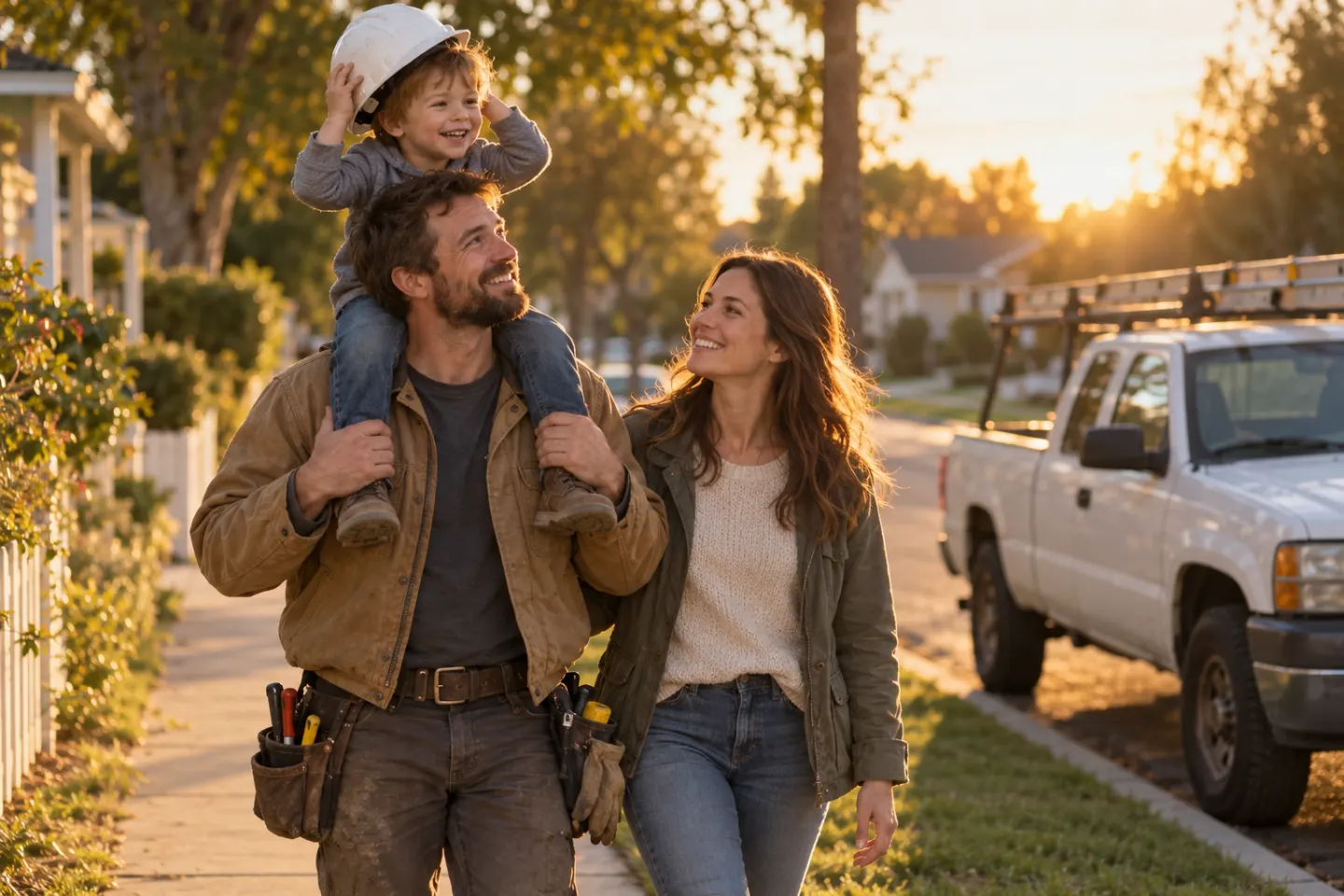 A tradesman with a tool belt carrying his son on his shoulders, walking home beside his partner at golden hour