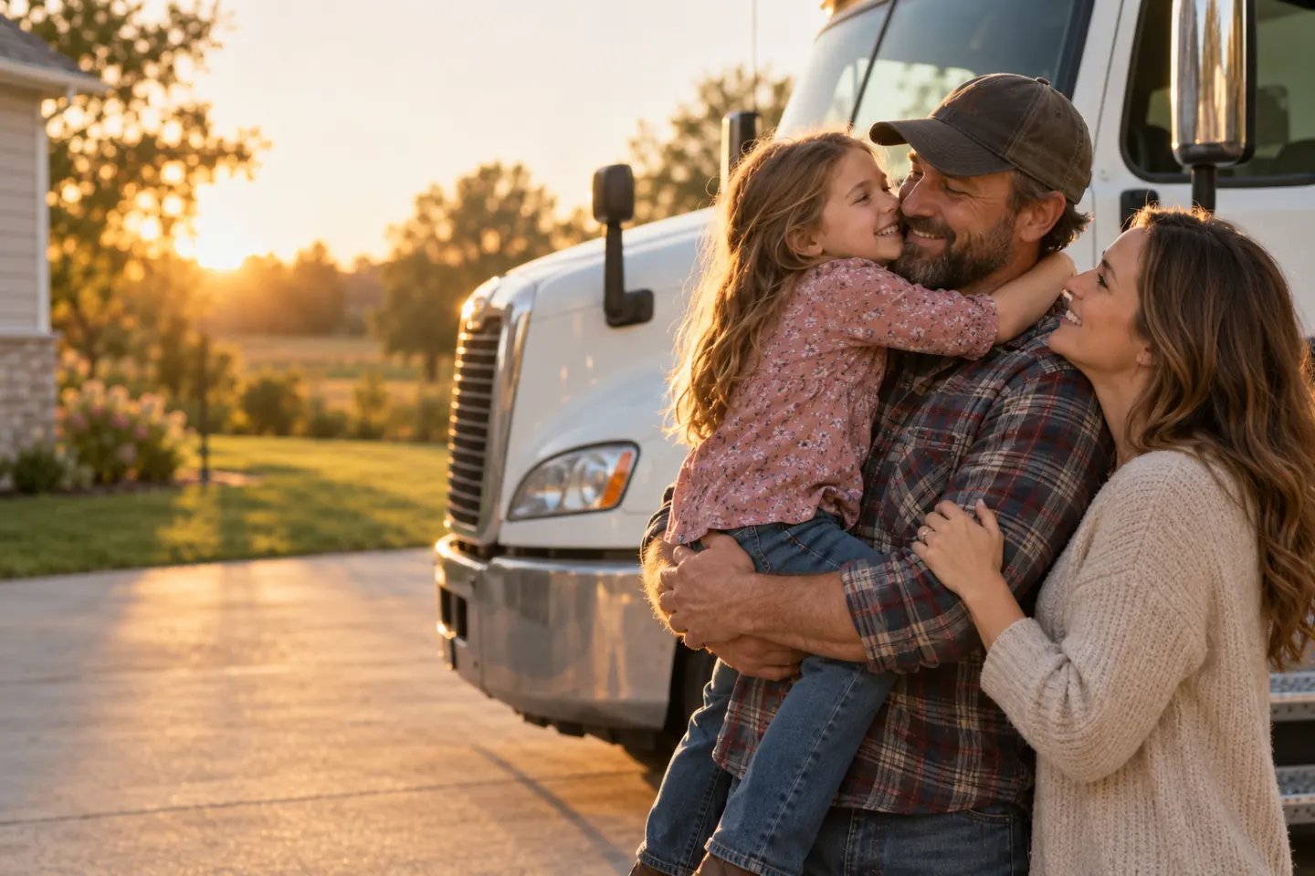 A truck driver in a flannel shirt hugging his young daughter and wife beside his rig in the driveway at sunset