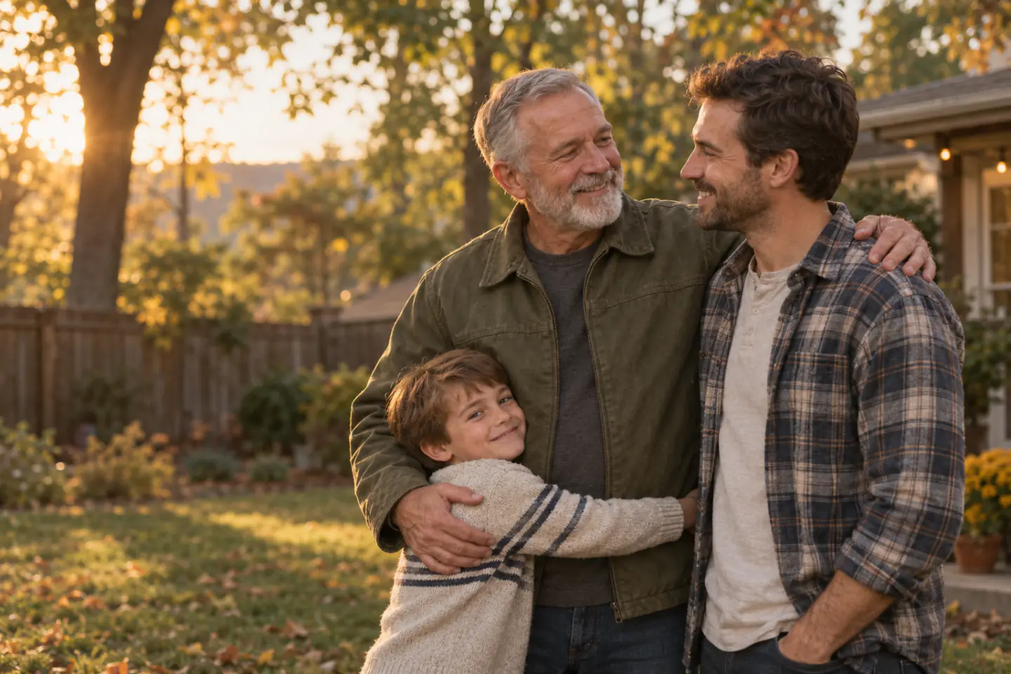 An older man in an olive jacket sharing a hug with his grown son and young grandson in a backyard at sunset